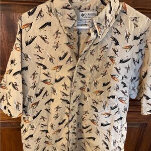 Vintage Columbia Beige Fishing Lure Short Sleeve Button Shirt